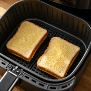 Sandwiches arranged in a single layer inside an air fryer basket