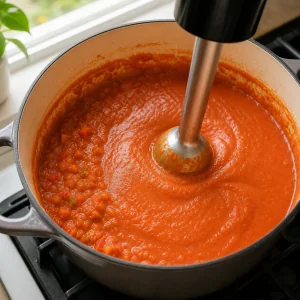 Immersion blender blending hidden veggie sauce until completely smooth