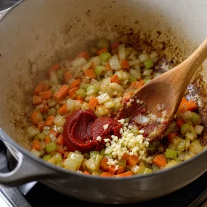 Minced garlic and tomato paste stirred into softened vegetables