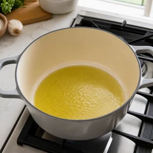Olive oil heating in a Dutch oven for hidden veggie pasta sauce