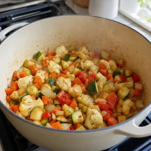 Onion, carrots, zucchini, bell pepper, and cauliflower sauteing until soft