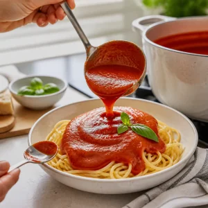 Smooth hidden veggie pasta sauce ladled over spaghetti
