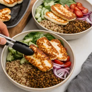 Golden seared halloumi slices placed on top of the Mediterranean power bowls