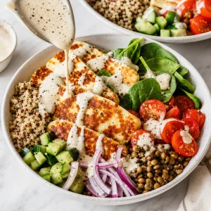 Lemon-tahini dressing drizzled over a finished halloumi lentil power bowl