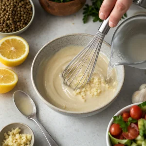 Lemon-tahini dressing whisked with minced garlic until smooth