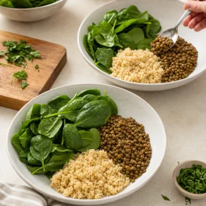 Serving bowls filled with baby spinach, quinoa, and lentils as the base