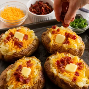 Papas al horno con mantequilla, cheddar rallado y tocino desmenuzado