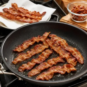 Tocino crujiente cocinándose en una sartén y escurriéndose sobre papel