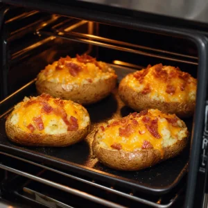 Papas cargadas en el horno con queso derretido burbujeante