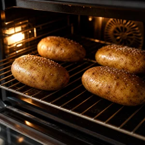 Papas russet con aceite y sal horneándose directamente sobre la rejilla