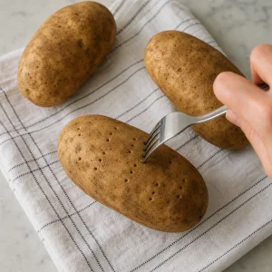 Papa russet pinchada con un tenedor antes de hornear