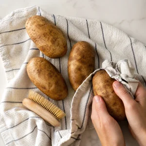 Papas russet lavadas secándose sobre un paño de cocina