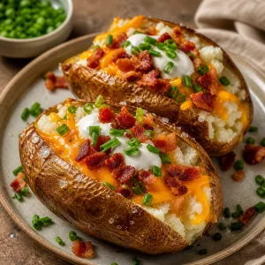 Papas al horno cargadas con tocino crujiente, queso derretido, crema agria y cebollino