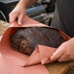 Dark bark pork shoulder wrapped tightly in peach butcher paper