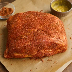 Pork shoulder coated with mustard binder and a generous dry rub