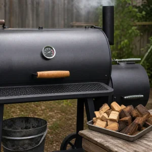 Smoker preheating with hickory and apple wood chunks ready