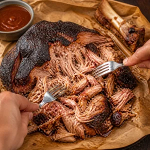 Tender smoked pork shoulder shredded with forks into juicy pulled pork