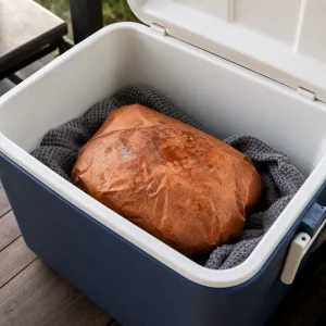 Wrapped smoked pork shoulder resting in an insulated cooler