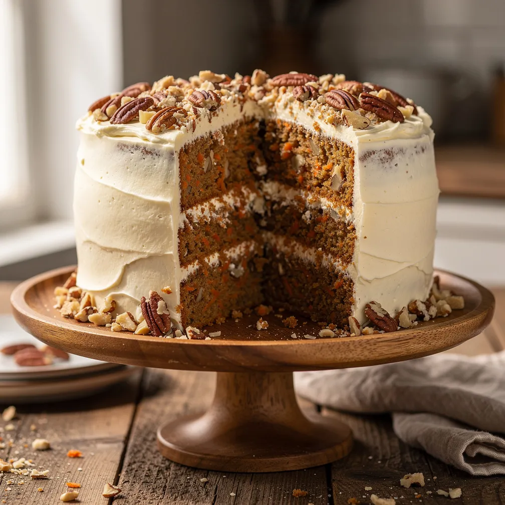 A two-layer spiced carrot cake with cream cheese frosting and pecans on a wooden stand.
