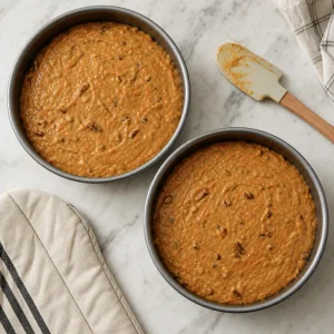 Karottenkuchenteig vor dem Backen auf zwei runde Formen verteilt