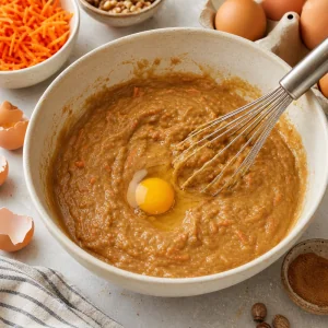Ei zum gewürzten Karottenkuchenteig gegeben und eingerührt