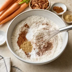 Mehl und warme Gewürze für Karottenkuchen verquirlt