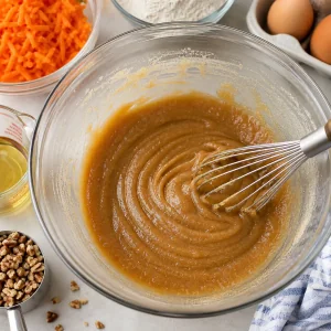 Öl Zucker und Vanille zu einer glatten Basis für Karottenkuchenteig verrührt