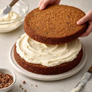 Zweiter Karottenkuchenboden auf eine dicke Schicht Frischkäsefrosting gesetzt