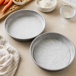 Zwei runde Kuchenformen gefettet und bemehlt für Karottenkuchenteig
