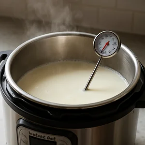 Ein Thermometer prüft die erhitzte Milch im Instant Pot.
