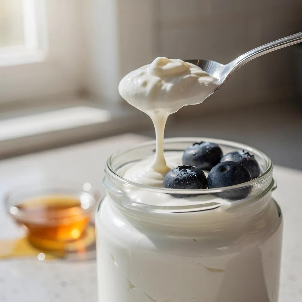 Dicker und cremiger hausgemachter Joghurt in einem Glas mit einem Löffel und frischen Beeren