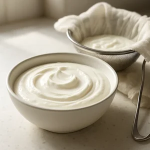 Dicker selbstgemachter Joghurt steht in einer Schüssel neben einem Sieb.