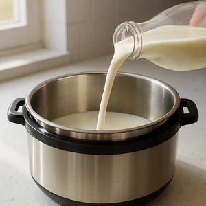 Vollmilch füllt den Edelstahleinsatz des Instant Pots.