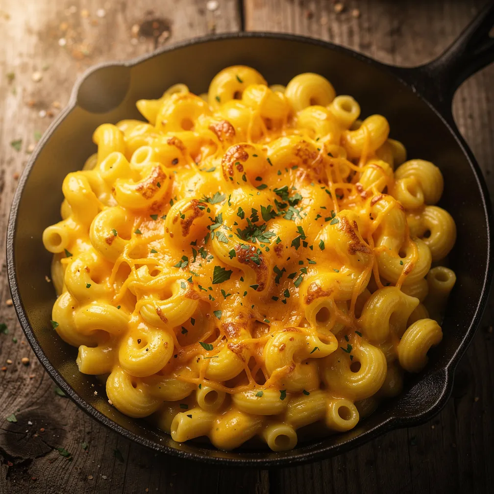 A skillet filled with creamy, golden-yellow macaroni and cheese with a glossy finish