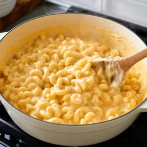Macarrones cocidos incorporados a una salsa de queso dorada y cremosa