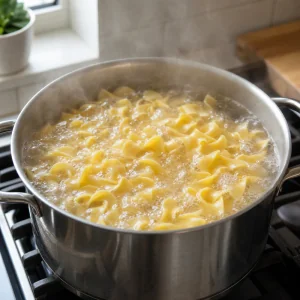 Macarrones tipo codito hirviendo en agua salada hasta quedar casi al dente