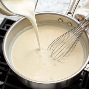 Leche vertida en el roux mientras se bate hasta formar una salsa blanca suave