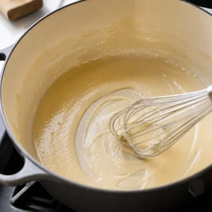 Roux claro de mantequilla y harina batido en una olla sin dorarse