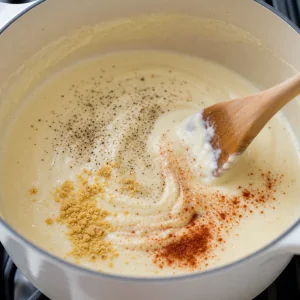 Sal, pimienta, mostaza en polvo y paprika ahumada mezcladas en salsa cremosa