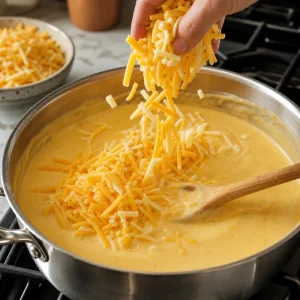 Queso rallado agregado a la salsa caliente y derritiendose hasta quedar suave