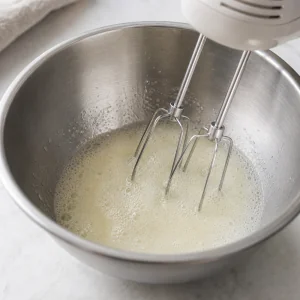 Egg whites beaten until frothy in a metal bowl