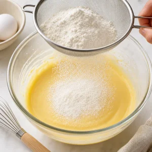 Flour and baking powder sifted into the yolk mixture