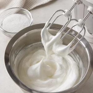Glossy meringue beaten to stiff peaks