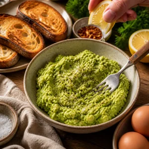 Chunky avocado mashed with lemon, salt and pepper