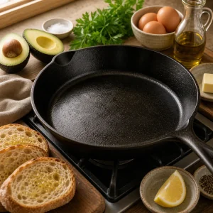 Empty skillet preheating beside sourdough and avocado