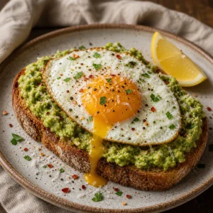 Finished avocado egg toast with lemon and herbs