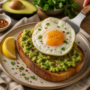 Fried egg placed on avocado-topped toast