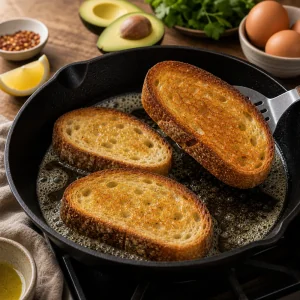 Sourdough slices toasting in butter in a skillet
