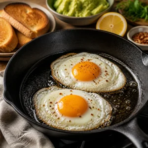 Sunny-side-up eggs frying in a cast iron skillet
