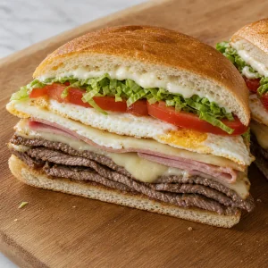 Assembled chivito sandwich with sliced steak and a fried egg